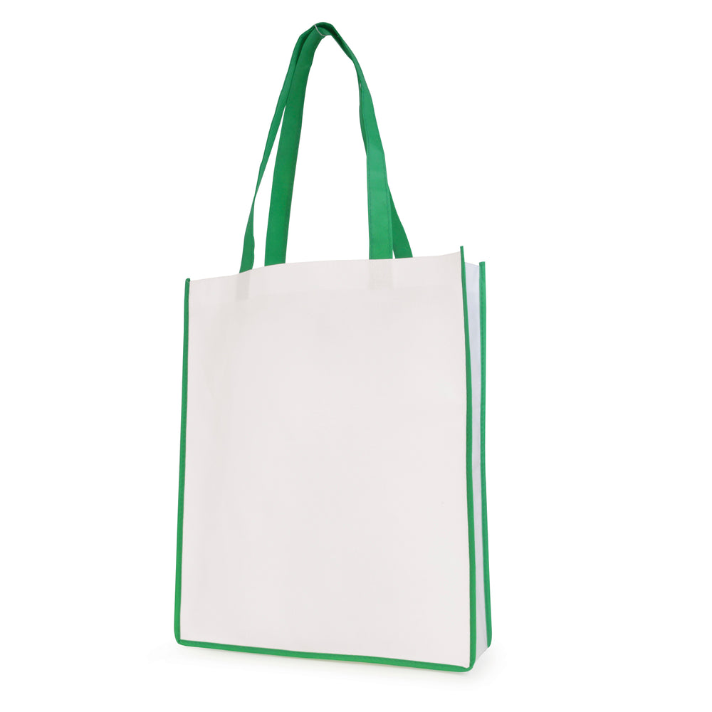 Branded White non woven PP shopper with coloured piping trim and handles