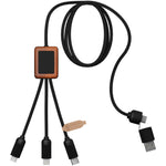 Branded SCX.design C38 5-in-1 rPET light-up logo charging cable with squared wooden casing