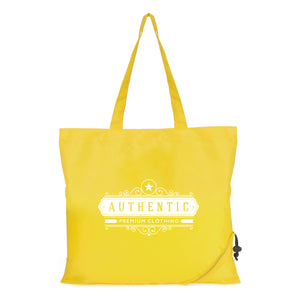 Bayford 190T Polyester foldable pullstring shopper bag in yellow with branding the front