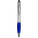 Curvy stylus ballpoint pen with silver barrel and blue grip