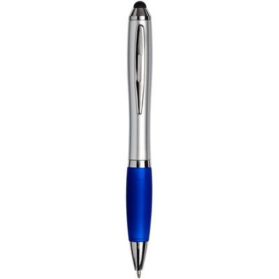 Curvy stylus ballpoint pen with silver barrel and blue grip