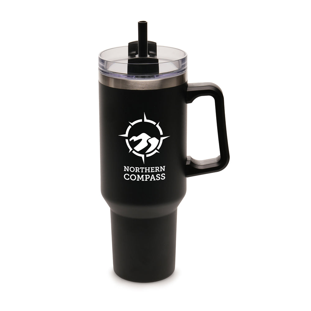 Everest BLACK Stainless Steel Mug with Straw and Handle - 1182ml