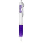 Nash ballpoint pen with silver barrel and purple grip. Branded next to the clip