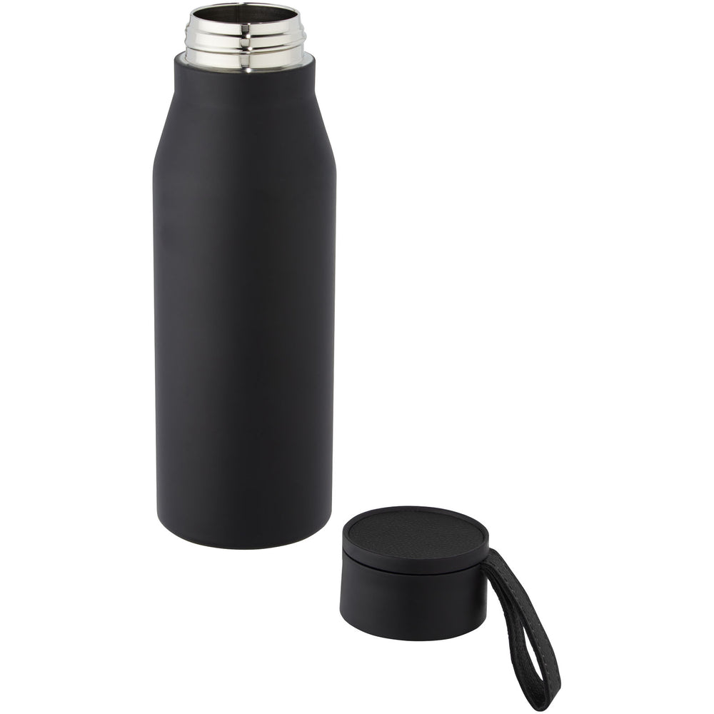 Branded Ljungan 500 ml copper vacuum insulated stainless steel bottle with PU leather strap and lid