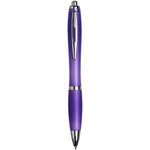 Curvy ballpoint pen with a purple frosted barrel and grip