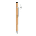 Spirit level pen in bamboo with screw bits next to the pen