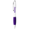 Nash ballpoint pen with white barrel and purple grip. Branded down the barrel