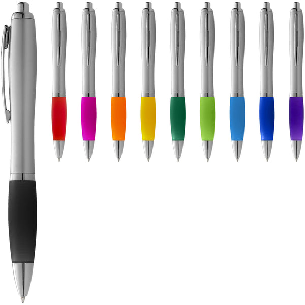 Nash ballpoint pen with silver barrel and coloured grip in each colour. Black, red, pink. orange, yellow, green, lime, light blue, blue and purple