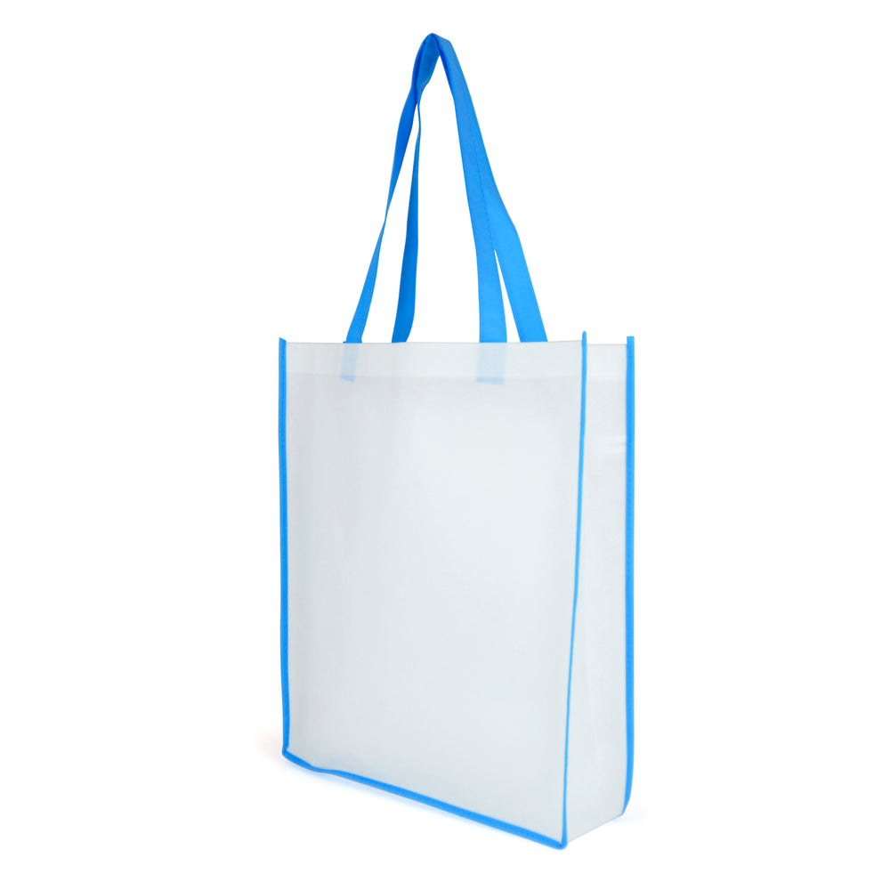 Branded White non woven PP shopper with coloured piping trim and handles