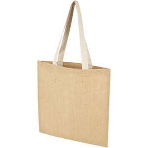 Juta tote bag made from natural beige coloured jute with white cotton handles.