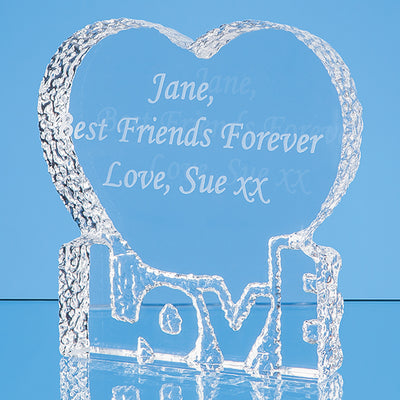 Clear Glass Paperweight, displaying a heart and 'Love' with an engraved message for a special someone.