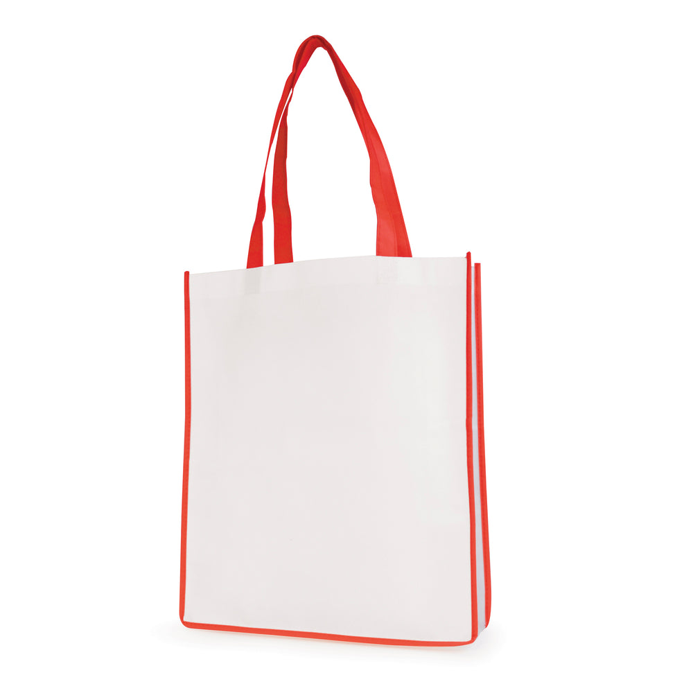 Branded White non woven PP shopper with coloured piping trim and handles