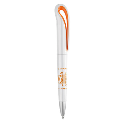 ABS twist ball pen with orange accents with branding down the barrel